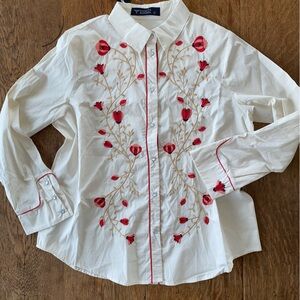 Lucky & Blessed Cream Shirt with Red Floral Embroidery